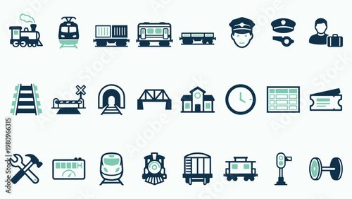 Railway and Train Transportation Icon Set with Locomotive and Infrastructure Symbols
