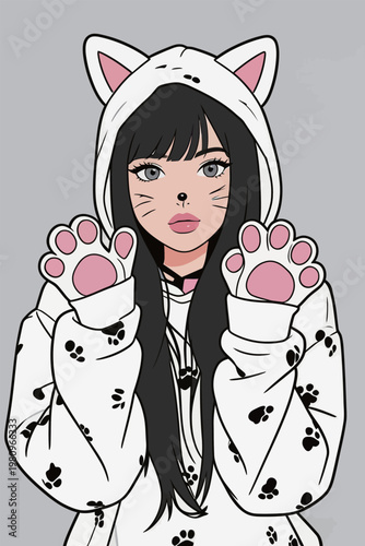 Anime Girl in Cat Hoodie with Paw Gloves