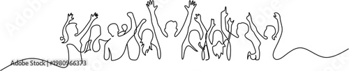Bild auf Leinwand Continuous one line drawing of cheering crowd, group of happy people raising hands at concert or party, minimalist vector illustration of audience celebration and success