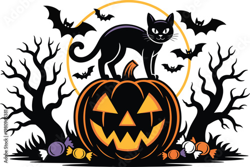Halloween scene with black cat on jack-o-lantern bats trees trick or treat halloween celebration silhouette witchcraft supernatural creature wildlife illustration