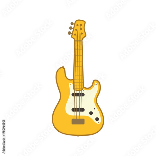 Vibrant yellow bass guitar standing upright on a white background in cartoon style