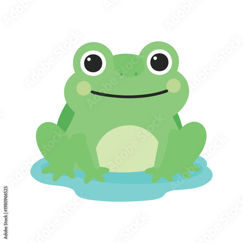 Cute frog sitting in a puddle of water on an isolated white background