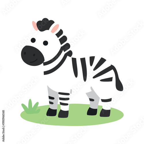 Cute cartoon zebra with black and white stripes stands on green grass
