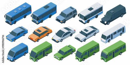 Isometric illustration of various public and private transport vehicles