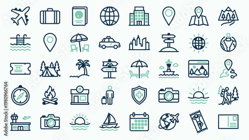 Comprehensive Travel and Tourism Icon Set Featuring Transportation and Vacation Symbols
