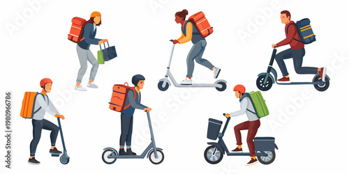 Diverse delivery workers using scooters and backpacks for food transport