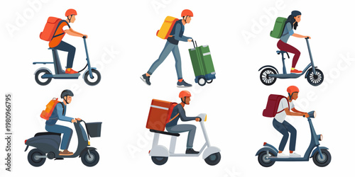 Diverse delivery workers using scooters and other transport methods