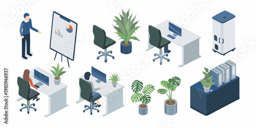 Isometric illustration of a modern open plan office workspace with employees