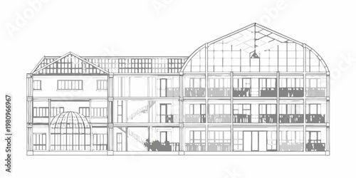 Architectural cross section drawing of a multi story building with a glass roof