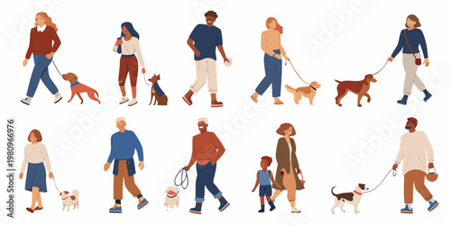 Diverse group of people walking their dogs in a cheerful illustration