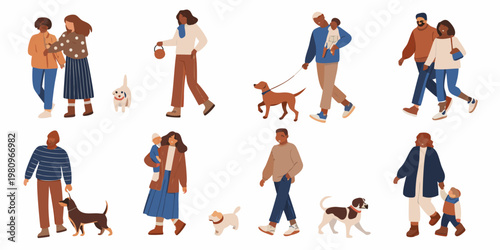 Diverse group of people and their pets walking in a casual setting