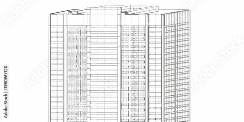 Architectural rendering of a tall modern skyscraper in wireframe style