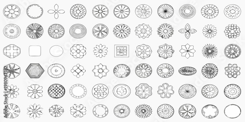 Collection of intricately drawn floral and geometric patterns in grayscale