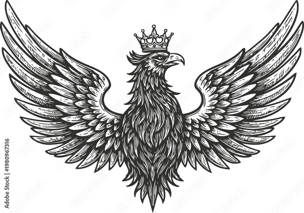 Fototapeta premium Majestic crowned eagle with spread wings detailed black and white illustration symbolizing power and royalty