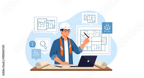 Architect planning building project with blueprints and laptop, safety icon