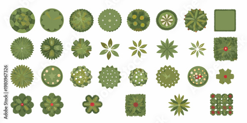 Assorted top down views of trees and shrubs in various green shades