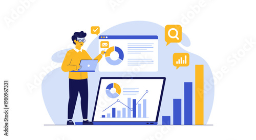 Business analytics concept: man with laptop analyzing charts and graphs