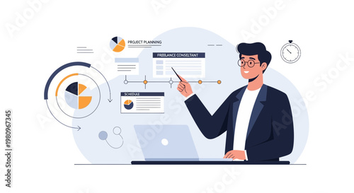 Business consultant presenting project planning and data analysis with charts and laptop