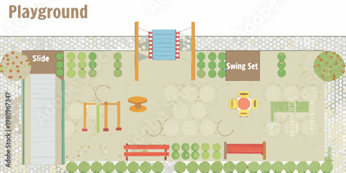 Aerial view of a colorful playground with various recreational equipment