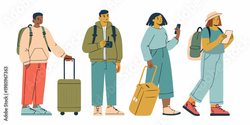 Four diverse young people stand with luggage representing travel and lifestyle