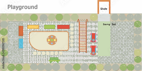 Aerial view of a colorful playground with various play structures