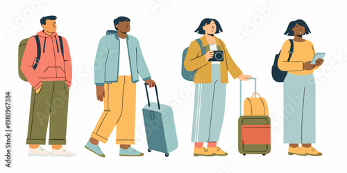 Four diverse people with luggage preparing for travel or vacation