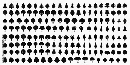 Collection of various black silhouette trees arranged in a grid pattern