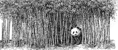 Panda hiding in dense bamboo forest, black and white sketch illustration of wildlife habitat