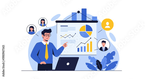 Business presentation with charts and team collaboration