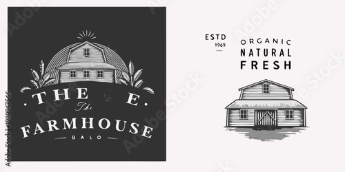 Vintage farmhouse illustration with text and a smaller building depiction