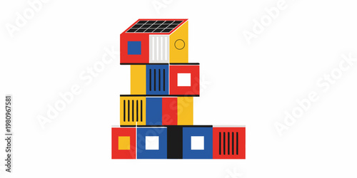 Colorful geometric blocks stacked to form a tall abstract tower