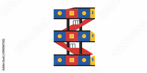 Abstract geometric structure featuring stacked blocks and a red staircase