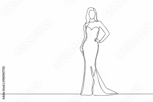 Elegant woman in a long gown depicted with a single continuous line