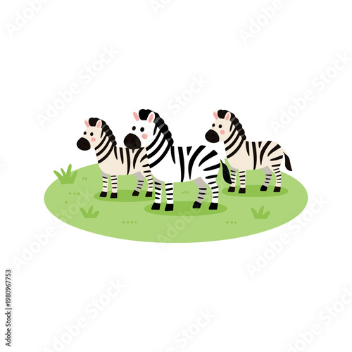 Cartoon zebras standing in a grassy field with a white background in a simple style