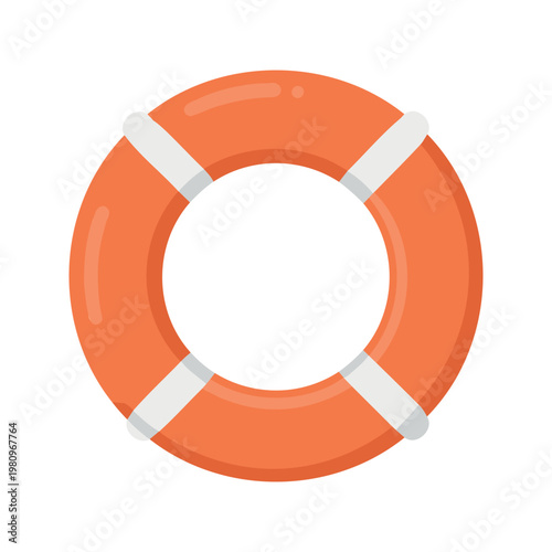 Bright orange life preserver with white stripes for water safety on a white backdrop