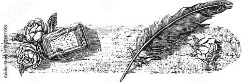 Vintage feather quill and ink bottle with blooming roses elegant old fashioned writing tools with floral decor