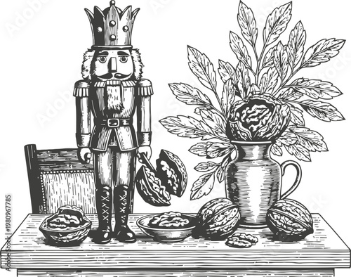 Nutcracker figurine with walnuts and vase of leaves on wooden table, vintage hand drawn illustration