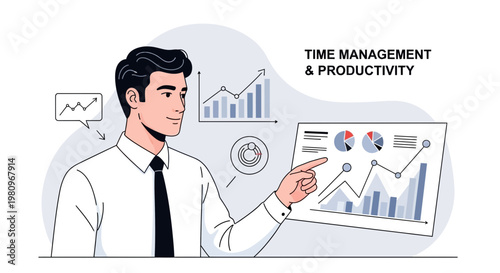 Businessman presenting time management and productivity charts and graphs
