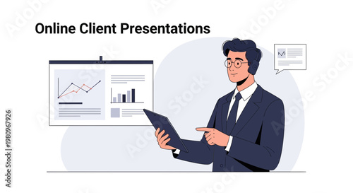 Businessman presenting online client reports with charts on screen and tablet