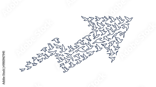 Flock of Small Birds Flying in an Arrow Formation Representing Direction and Progress on an Isolated White Background.