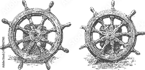 Vintage nautical ship steering wheels set marine wooden helm illustrations maritime antique equipment design