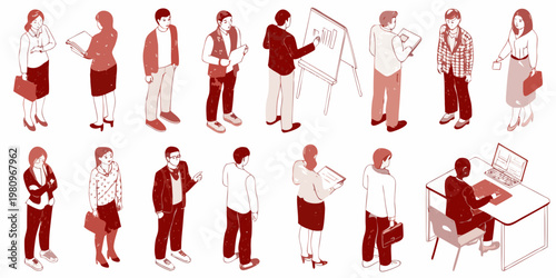 Isometric illustration depicting diverse people in various professional settings