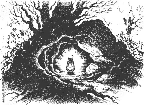 Old fashioned lantern glowing inside hollow tree roots in dark forest cave