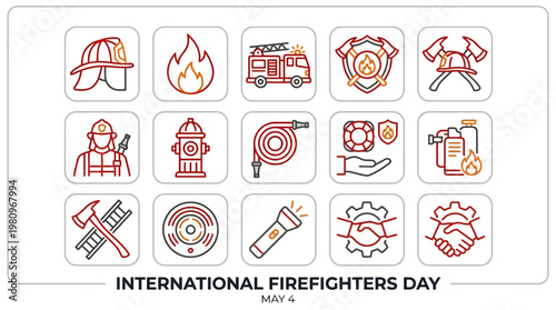 Set of International Firefighters Day Line Icons, Emergency and Rescue Service Symbols, in bright studio