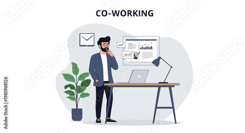 Co-working space with man thinking at desk, laptop, charts, and plant