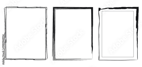 Grunge frame set with hand-drawn brush strokes. Vector collection of black rectangular borders with ink texture and distressed edges for photo decoration, vintage poster design and artistic layout. Is