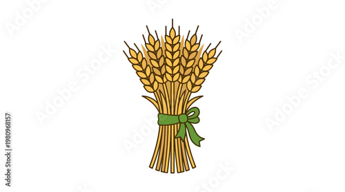Golden Wheat Bundle Icon Tied with a Green Ribbon Symbolizing Harvest, Agriculture, Food, and Abundance on an Isolated White Background