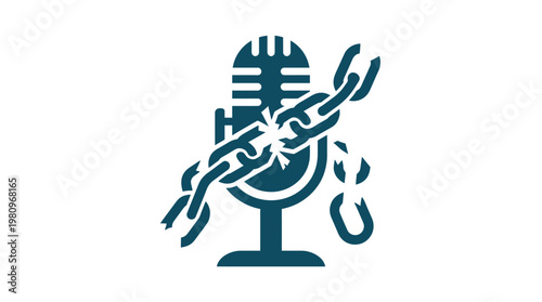 Free Speech Censorship Icon Showing a Microphone with a Chain Symbolizing Restricted Communication and Lack of Freedom of Expression on an Isolated White Background