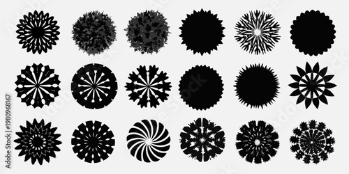 A collection of abstract black and white oval shaped floral designs