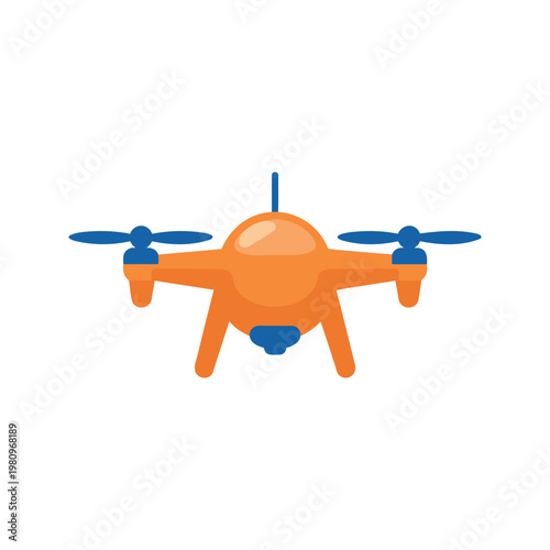 Illustration of a drone shows its rotors, body, and camera in an aerial design